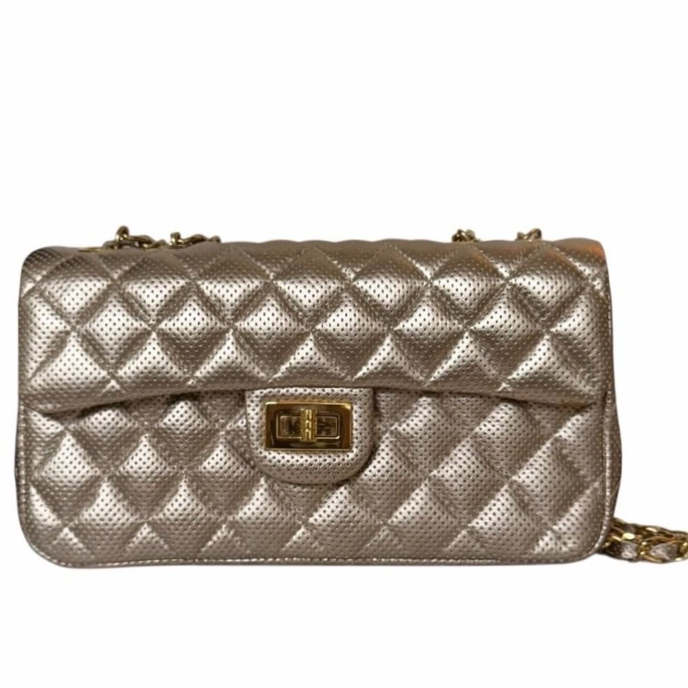 Ashneil Metallic Champagne Gold Quilted Perforated Flap Leather Shoulder Bag - Picture 2 of 11